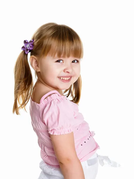 Studio Beyaz Zemin Üzerine Küçük Kız Gülümseyerek Mutlu — Stok fotoğraf