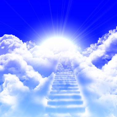 A ladder directed up to blue cloudy skies and sun clipart