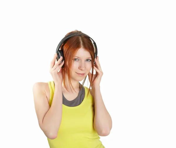 Tonårig Flicka Röd Skjorta Lyssnar Musik Med Hörlurar — Stockfoto