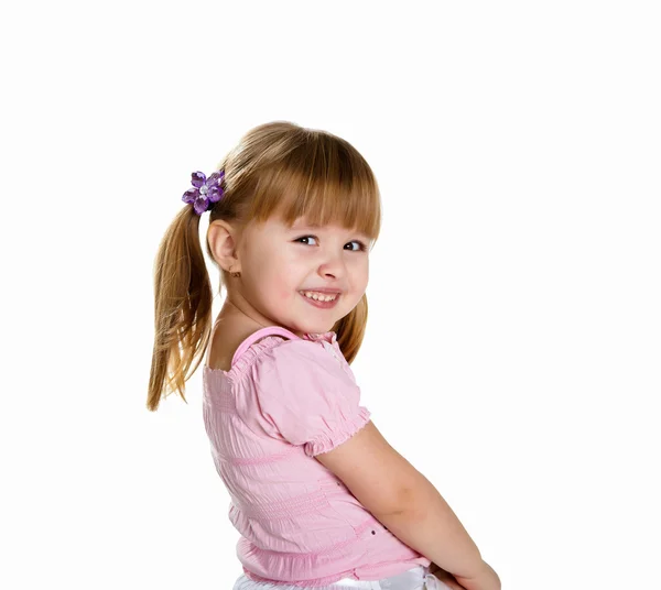 Щаслива Усміхнена Маленька Дівчинка Білому Тлі Студії — стокове фото