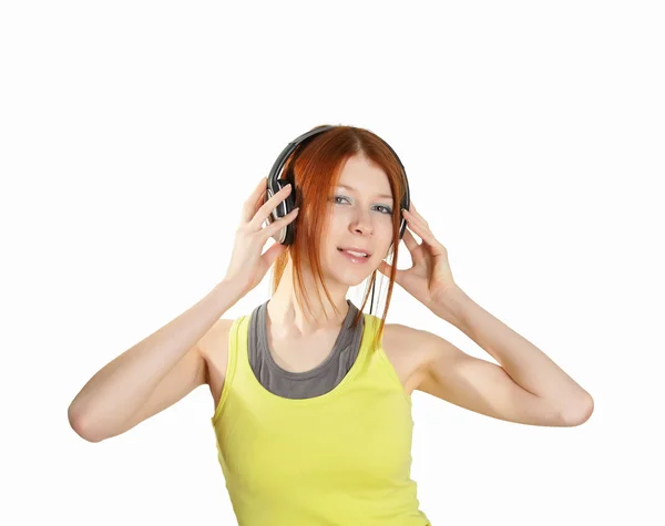 Tonårig Flicka Röd Skjorta Lyssnar Musik Med Hörlurar — Stockfoto