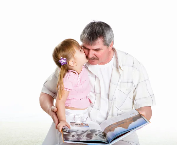 Grandfather His Little Granddaughter Together Reading Book — Stock Photo, Image
