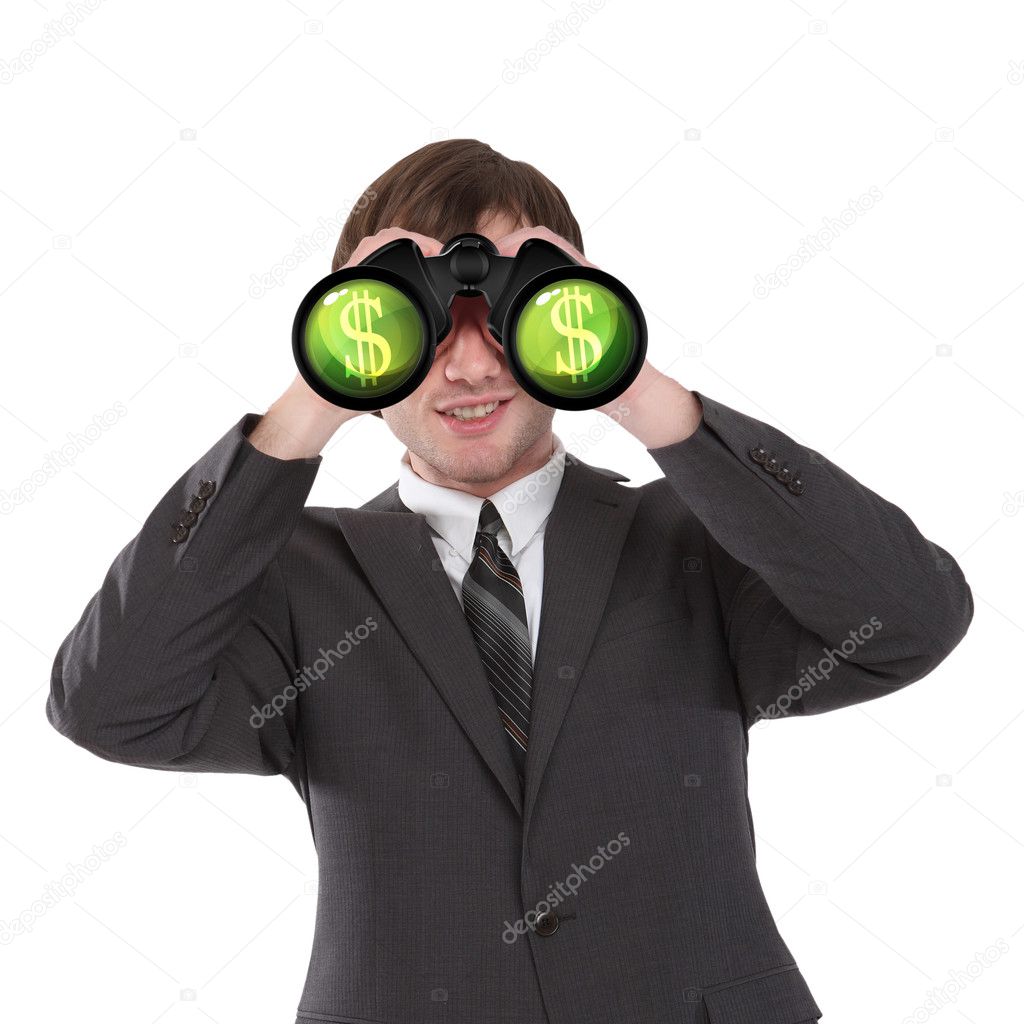 Business man in black suit looking through binoculars