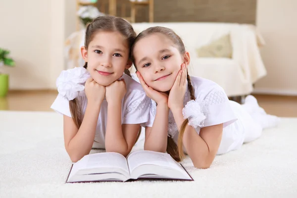 stock image Twin sisters together at home with books