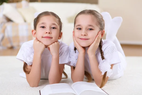 stock image Twin sisters together at home with books