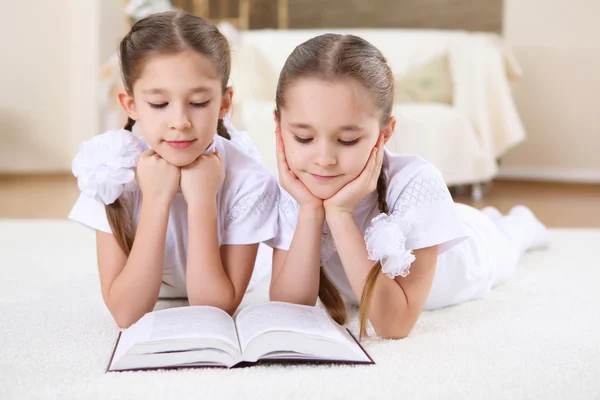 Hermanas gemelas juntas en casa con libros —  Fotos de Stock