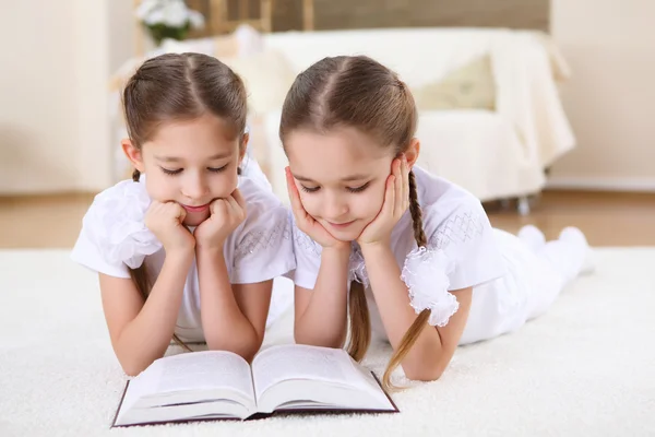 Twin zusters samen thuis met boeken — Stockfoto
