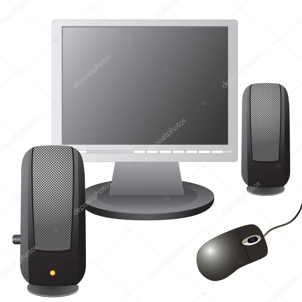 The monitor, computer mouse, and musical