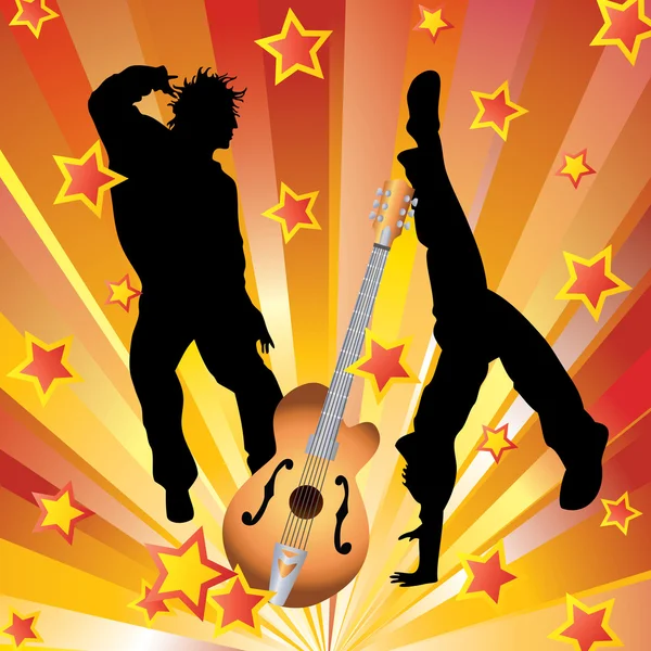 The guitar and silhouettes of dancing me — Stock Vector