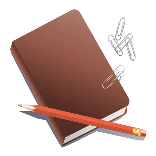 Ноутбук, карандаш и скрепки . — стоковый вектор