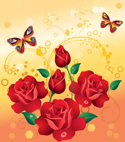 Czerwone róże i motyle. — Wektor stockowy