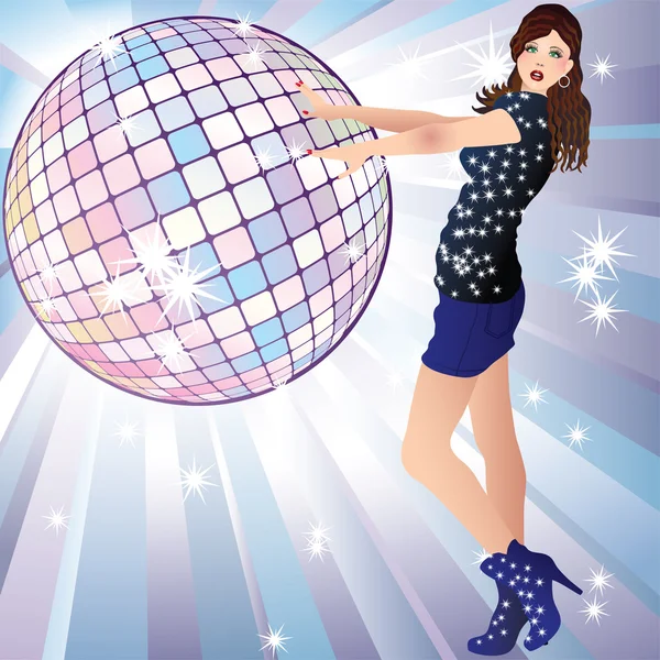 Meisje en een disco bal. — Stockvector