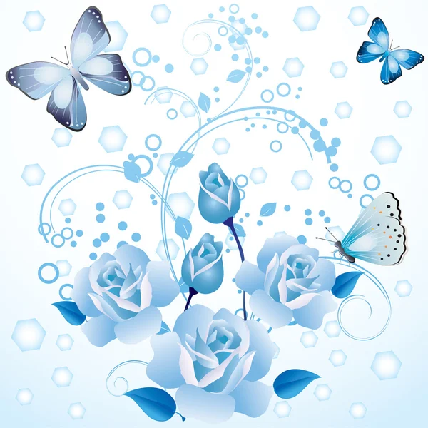 Rosas azuis e borboletas . — Vetor de Stock