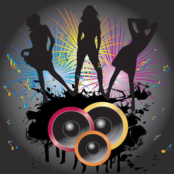 The dancing girls and fireworks. — Stock Vector