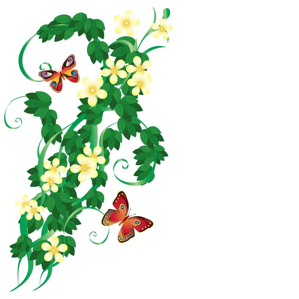 Ornament with leaves and butterflies. — Stock Vector