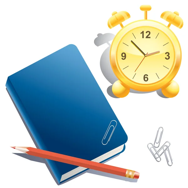 Relógio despertador, livro, lápis e clipe de papel — Vetor de Stock
