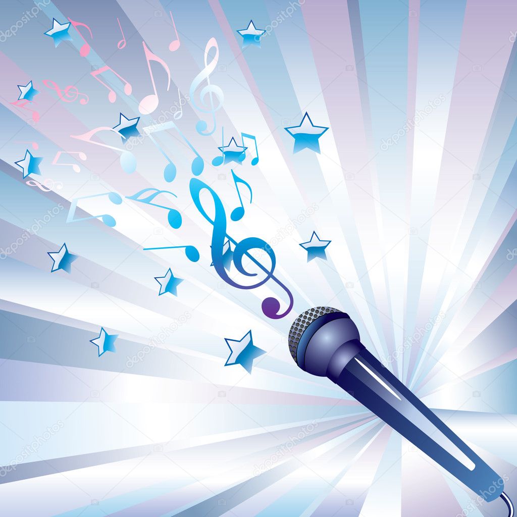 Microphone and musical notes.