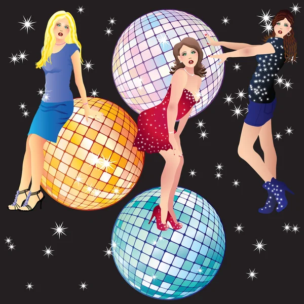 Beautiful girls and disco balls. — Stock Vector