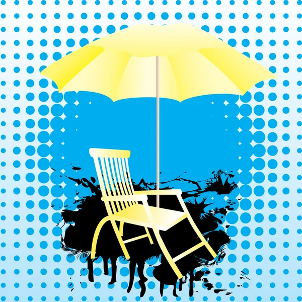 Gele paraplu en strandstoel. — Stockvector