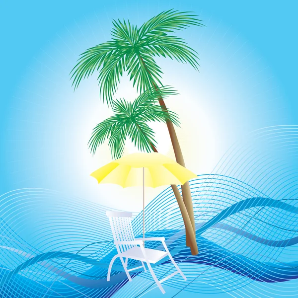 Chaise longue, paraplu en palm bomen. — Stockvector