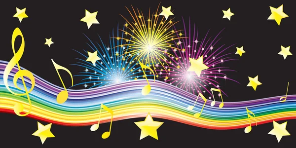 Musical notes, stars and fireworks. — Stock Vector