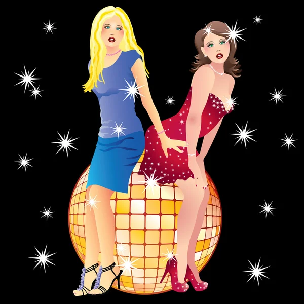 Beautiful girls and a disco ball. — Stock Vector