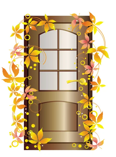 Door and autumn leaves. — Stock Vector