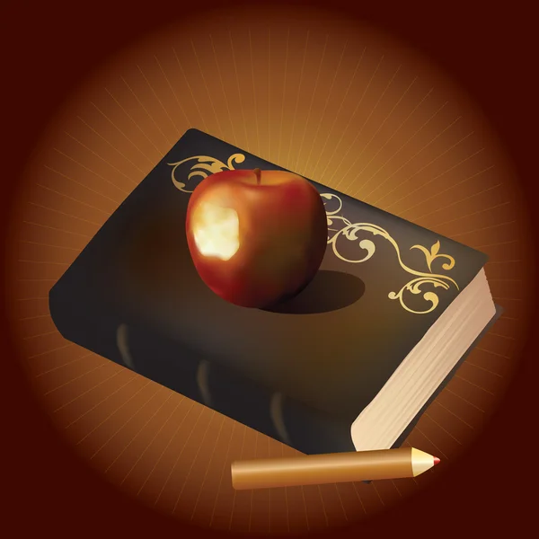 Ein altes Buch, ein Apfel und ein Bleistift. — Stockvektor