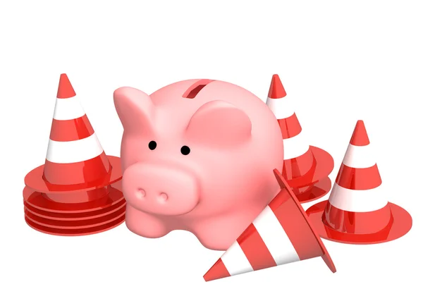 Banco porquinho e cones de tráfego — Fotografia de Stock