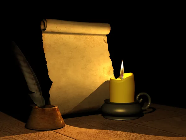 蜡烛和古代手稿 — 图库照片