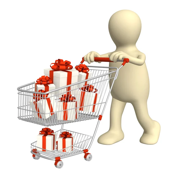 Consumidor com carrinho de compras e presentes — Fotografia de Stock