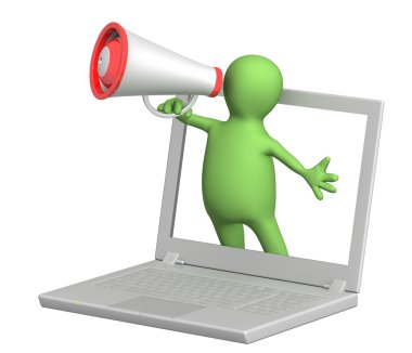 3d puppet with laptop and megaphone clipart