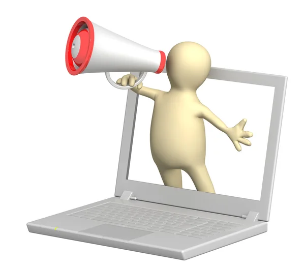 3d puppet with laptop and megaphone — Stock Photo, Image