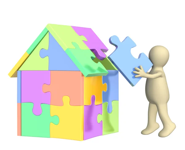 3d puppet, building the house — Stock Photo, Image