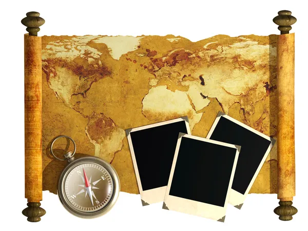 Kompass, foton och antika karta — Stockfoto