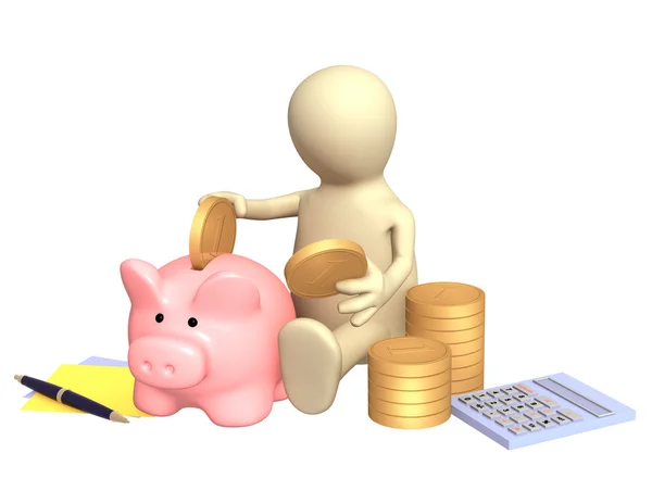 Puppet, piggy bank and calculator — Stock Photo, Image