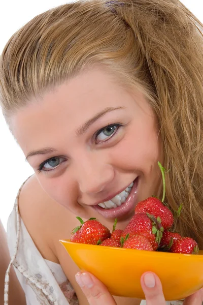 Beautiful girl with strawberry Royaltyfria Stockfoton