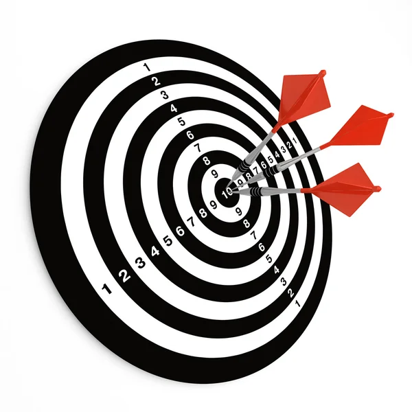 Tre dart på bullseye — Stockfoto