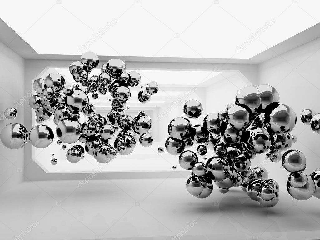 Abstract spheres in futuristic room