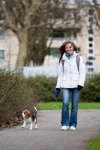 Girl walking with a dog — Stock Photo, Image