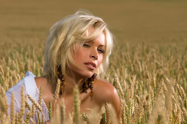 Linda loira sentada em um campo de trigo — Fotografia de Stock
