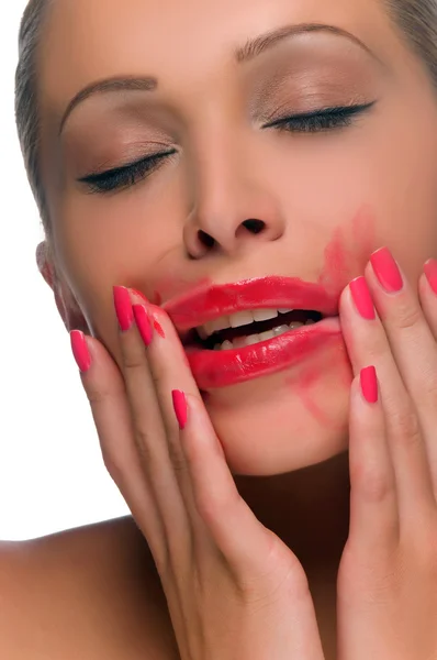 Woman with smeared lipstick — Stock Photo, Image