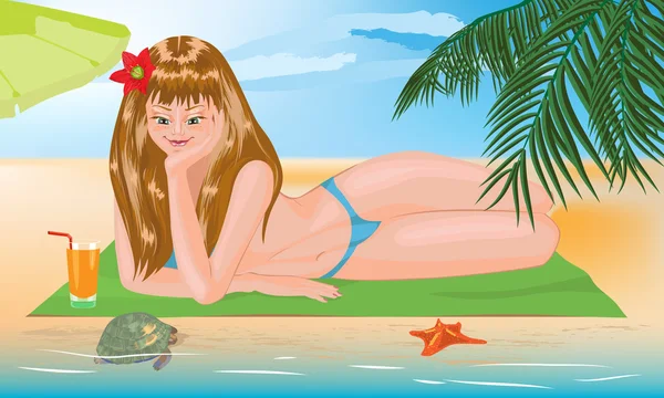 Beautiful girl lying on the beach — Stock Vector