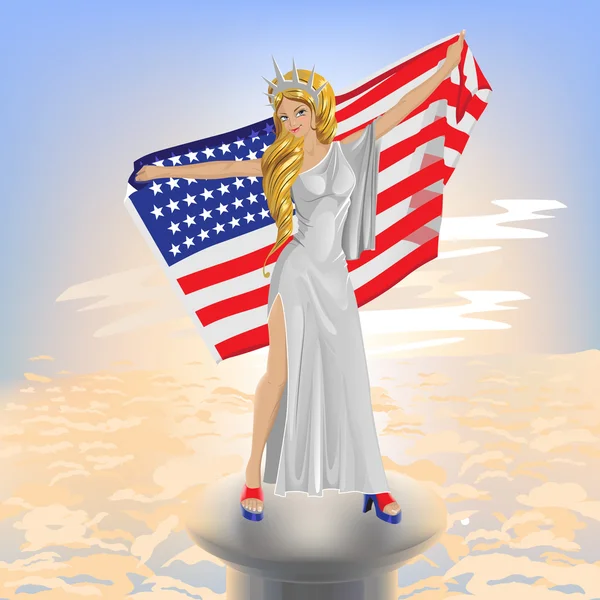 アメリカ国旗を持つ美しい女の子 — ストックベクタ