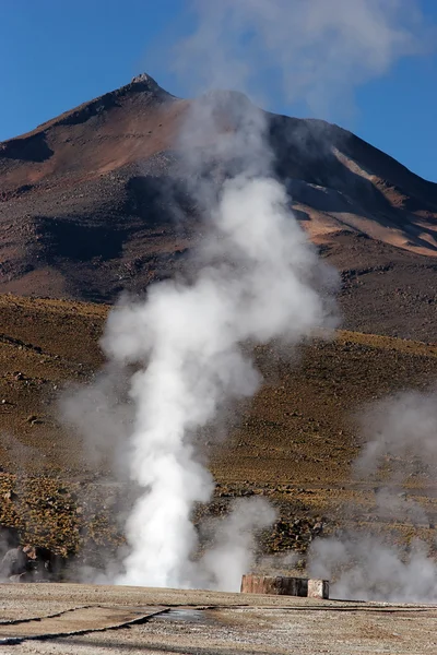 Geyser que rompe con el volcán en segundo plano, Chile. Imágenes de stock libres de derechos