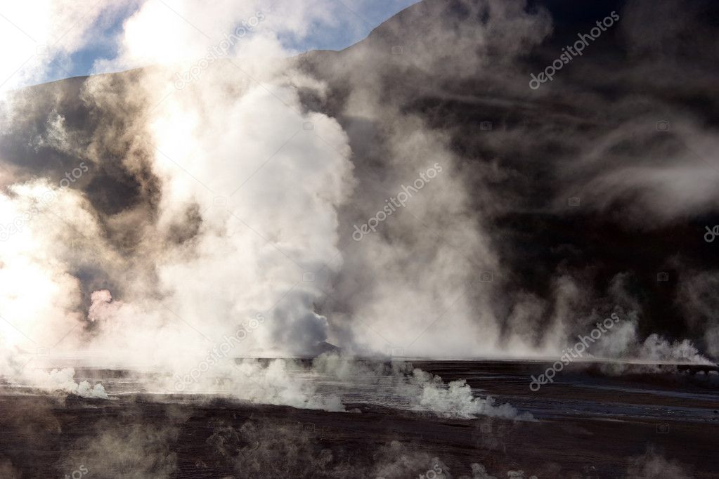 Vapor rising from geyser field, Chile