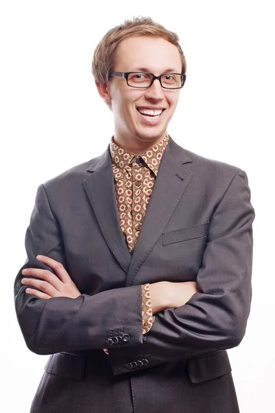 Homem feliz de terno com óculos — Fotografia de Stock
