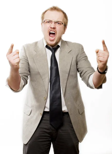 Anger man in suit shouts — Stockfoto