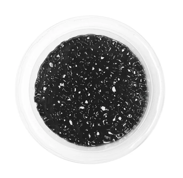 Caviar negru în staniu de plastic — Fotografie, imagine de stoc