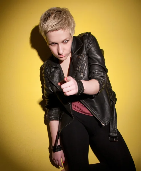 Strict woman in leather jacket — Stock Photo, Image